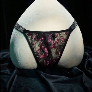 Shine Strap Crotchless  Black and Pink Lace Thong